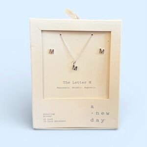 A NEW DAY STERLING SILVER LETTER “M” STUD EARRINGS AND NECKLACE